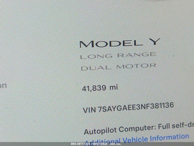 7SAYGAEE3NF381136 Tesla Model Y Long Range Dual Motor All-wheel Drive