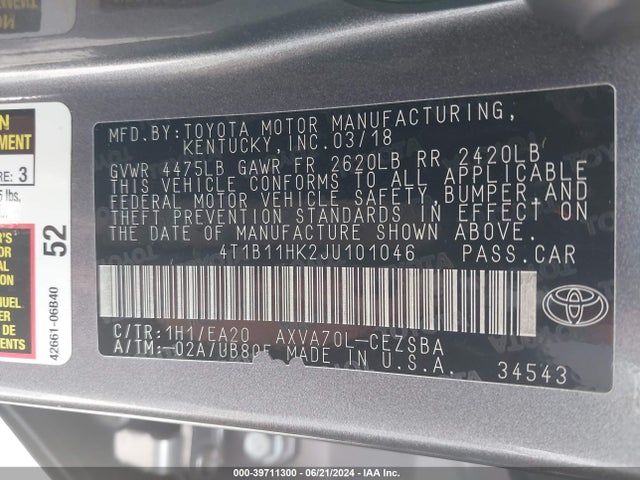 Toyota CAMRY SE 2018 4T1B11HK2JU101046 Image 9