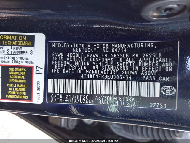 Toyota CAMRY SE 2014 4T1BF1FK8EU395434 Image 9