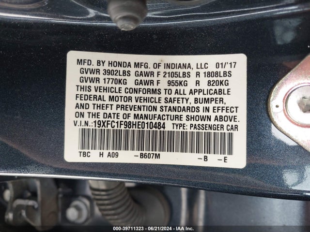 Honda Civic Touring 2017 19XFC1F98HE010484 Image 9