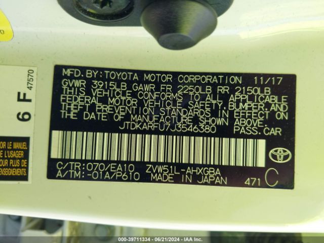 JTDKARFU7J3546380 Toyota Prius Four