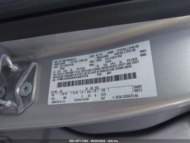 1FMCU9GD2KUA97370 Ford ESCAPE SE