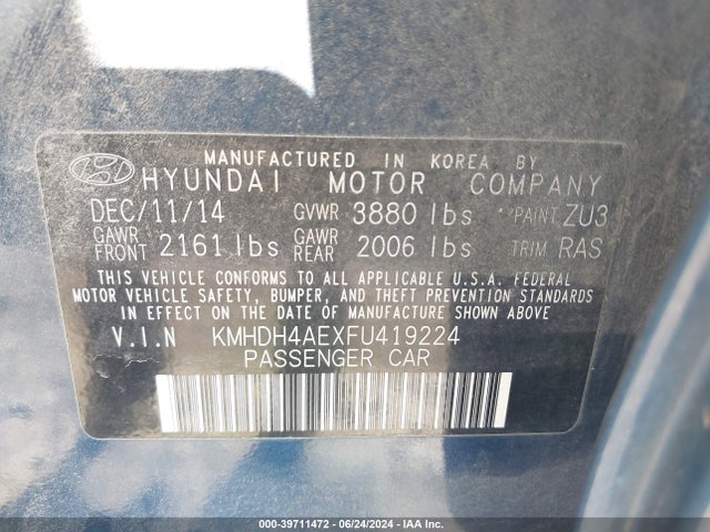 Hyundai ELANTRA SE 2015 KMHDH4AEXFU419224 Image 9