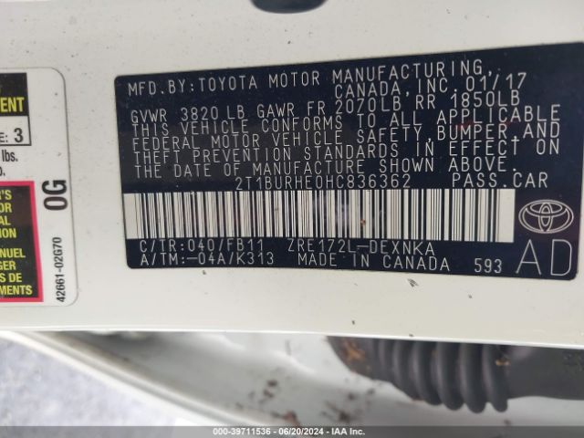 2T1BURHE0HC836362 Toyota COROLLA LE