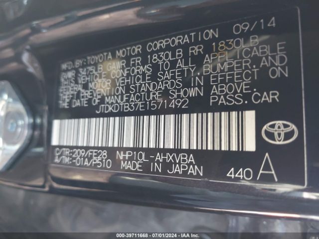 JTDKDTB37E1571492 Toyota Prius C One