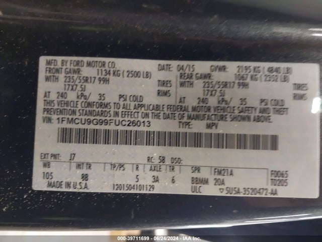 Ford ESCAPE SE 2015 1FMCU9G99FUC26013 Image 9