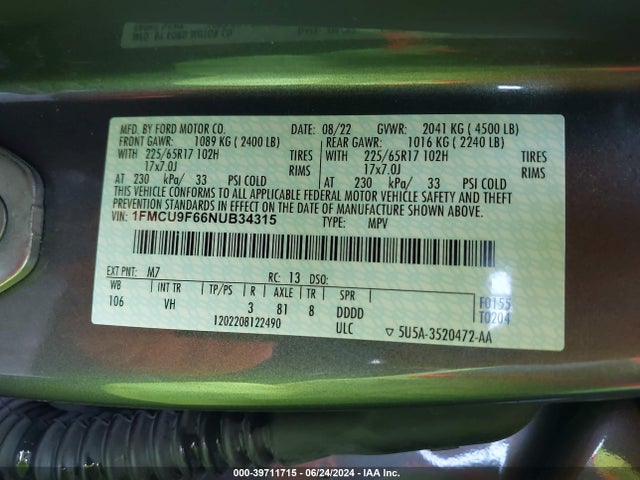 Ford ESCAPE S 2022 1FMCU9F66NUB34315 Image 9