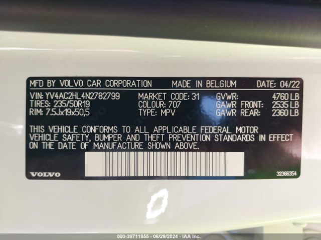 YV4AC2HL4N2782799 Volvo Xc40 T4 Inscription