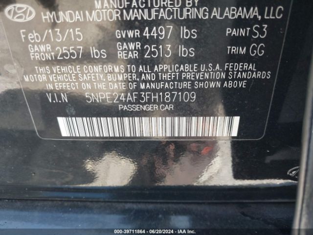 5NPE24AF3FH187109 Hyundai SONATA SE
