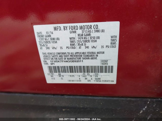 Ford Explorer Limited 2016 1FM5K7FH4GGB92011 Image 9