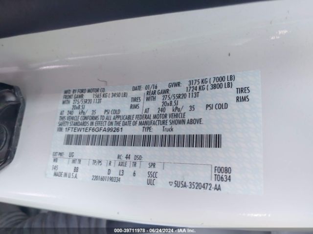 1FTEW1EF6GFA99261 Ford F-150 Platinum