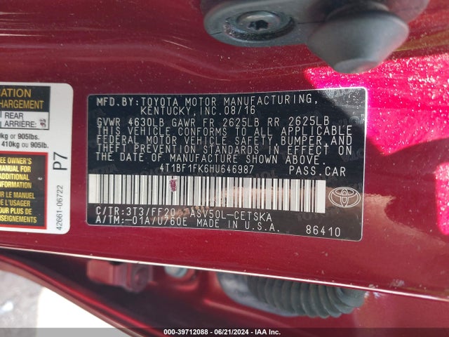 Toyota CAMRY SE 2017 4T1BF1FK6HU646987 Image 9