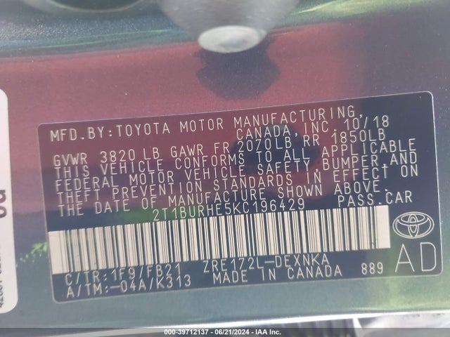 Toyota COROLLA LE 2019 2T1BURHE5KC196429 Image 9