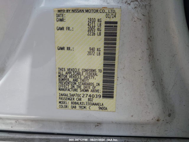 Nissan Altima 2.5 S 2014 1N4AL3AP7EC274039 Image 9