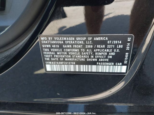 1VWAS7A38FC012708 Volkswagen Passat 1.8t Wolfsburg Edition