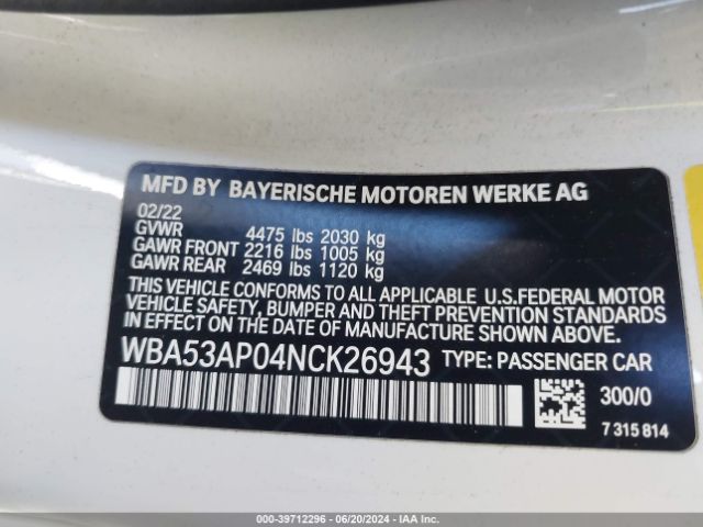 WBA53AP04NCK26943 BMW 430I