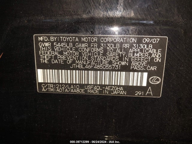 Aukcja sprzedaży 2008 Lexus Ls 460, vin: JTHBL46F485055731, numer aukcji: 39712299