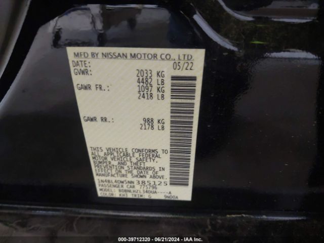 1N4BL4DW5NN385125 Nissan Altima Sv Intelligent Awd