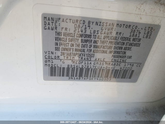 Nissan SENTRA SV 2019 3N1AB7AP5KY410503 Image 9
