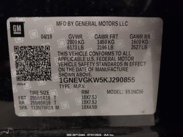 Chevrolet Traverse 1lt 2019 1GNEVGKW5KJ290855 Image 9