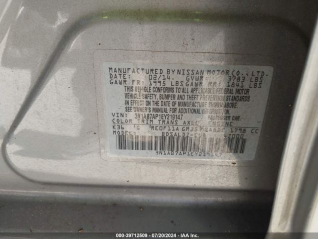 3N1AB7AP1EY219147 Nissan Sentra Fe+ S/fe+ Sv/s/sl/sr/sv