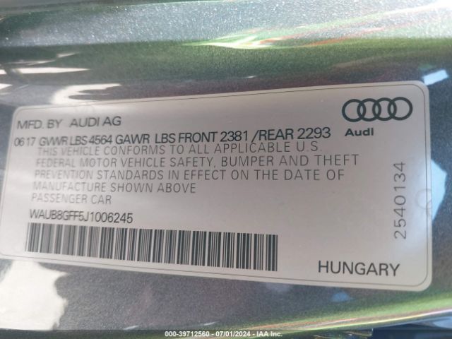 WAUB8GFF5J1006245 Audi A3 2.0t Premium/2.0t Tech Premium