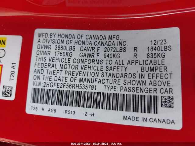 2HGFE2F56RH535791 Honda Civic Sport