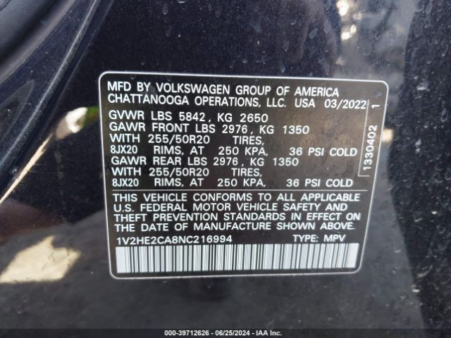 1V2HE2CA8NC216994 Volkswagen Atlas Cross Sport 3.6l V6 Se W/technology