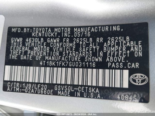 4T1BK1FK7GU031116 Toyota Camry Xse V6