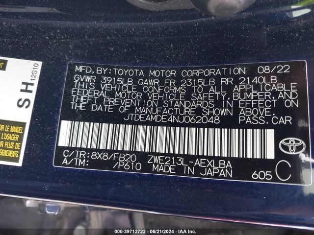 JTDEAMDE4NJ062048 Toyota Corolla Hybrid Le