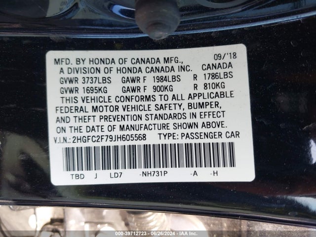 Honda CIVIC EX 2018 2HGFC2F79JH605568 Image 9