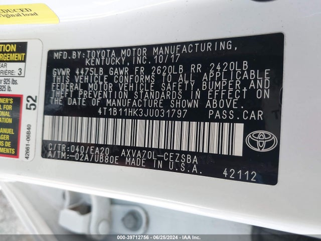 Toyota CAMRY SE 2018 4T1B11HK3JU031797 Image 9