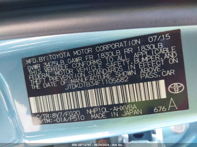 JTDKDTB34F1105682 Toyota Prius C Two