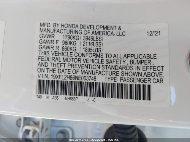 19XFL2H86NE003748 Honda Civic Sport
