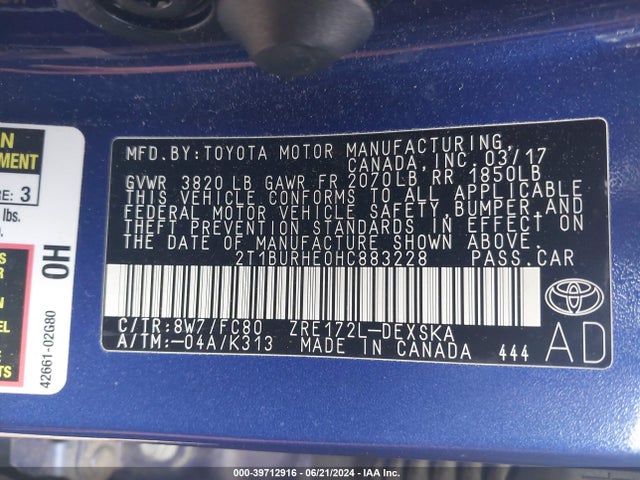 2T1BURHE0HC883228 Toyota COROLLA SE