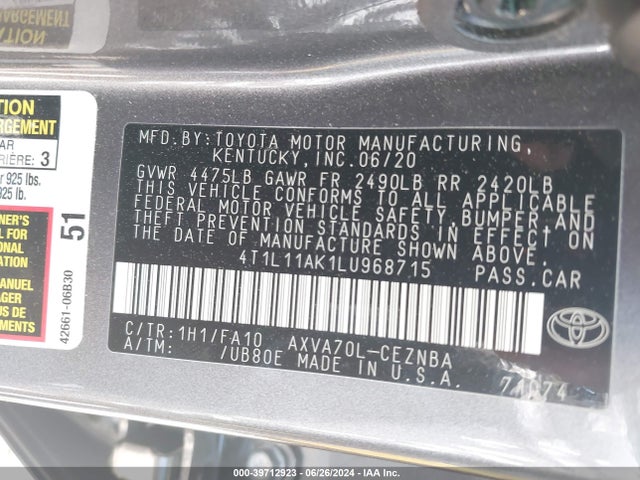 Toyota CAMRY LE 2020 4T1L11AK1LU968715 Image 9