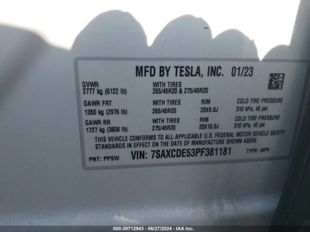 7SAXCDE53PF381181 Tesla Model X Dual Motor All-wheel Drive/standard Range