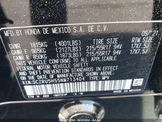 3CZRU5H55NM713404 Honda Hr-v 2wd Ex