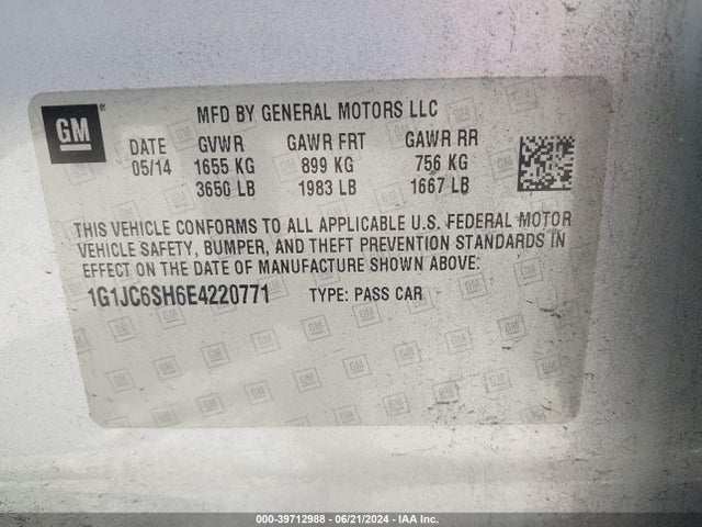 Chevrolet Sonic Lt Auto 2014 1G1JC6SH6E4220771 Image 9