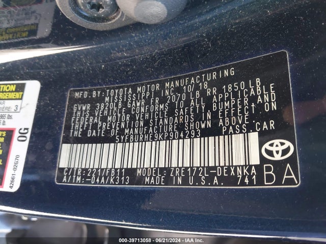 Toyota COROLLA LE 2019 5YFBURHE9KP904293 Image 9