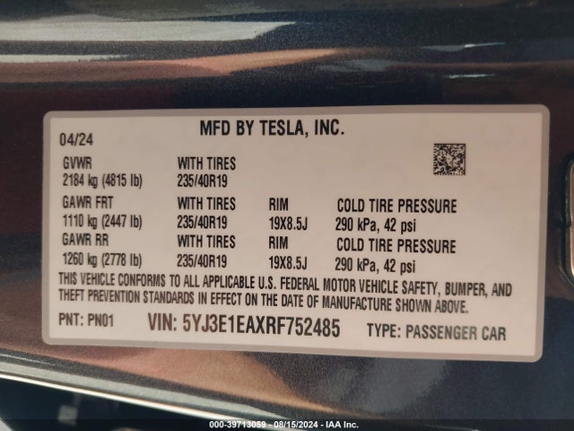 2024 TESLA MODEL 3 5YJ3E1EAXRF752485 Photo 8