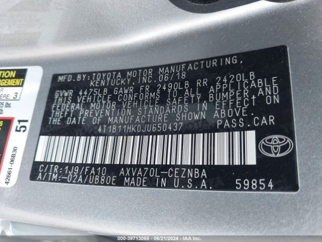 4T1B11HK0JU650437 Toyota CAMRY LE