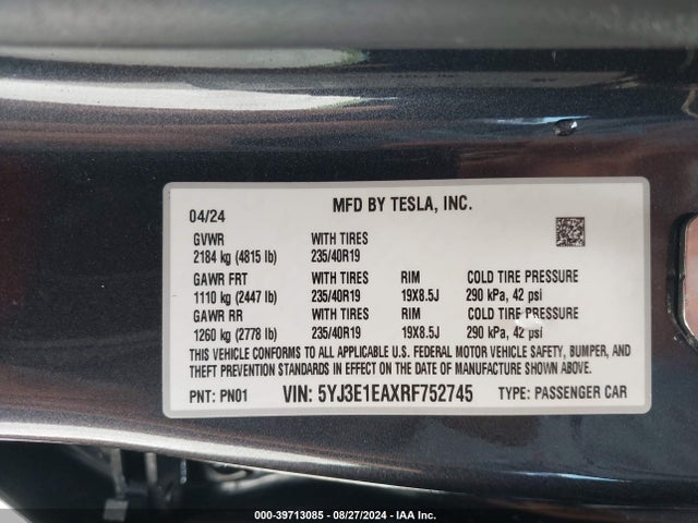 2024 TESLA MODEL 3 5YJ3E1EAXRF752745 Photo 8