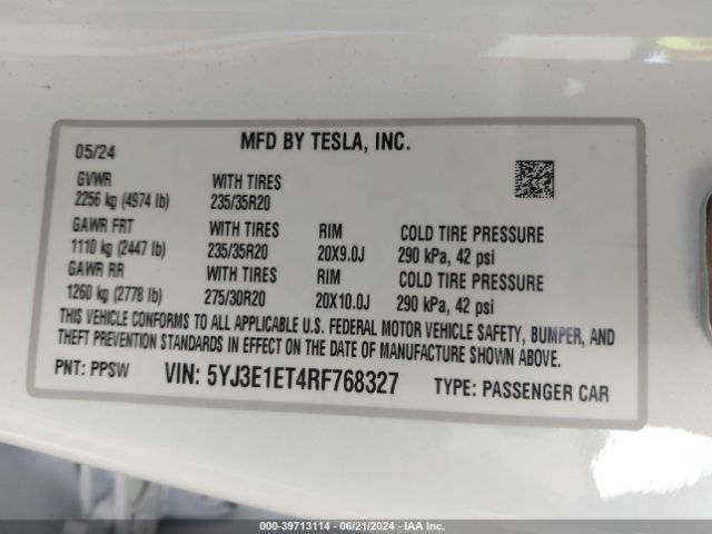 5YJ3E1ET4RF768327 Tesla MODEL 3