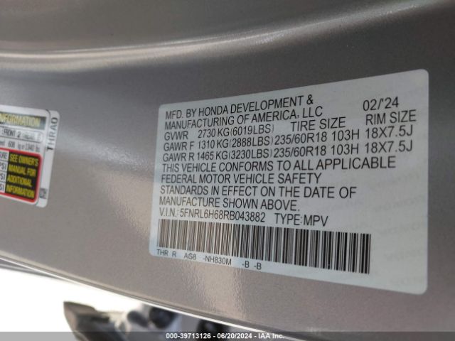 5FNRL6H68RB043882 Honda Odyssey Ex-l