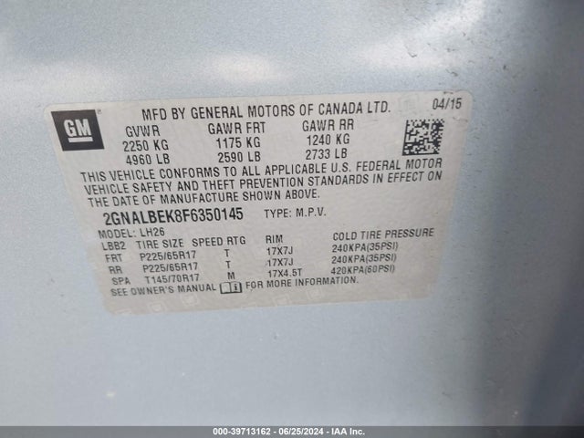 Chevrolet EQUINOX 1LT 2015 2GNALBEK8F6350145 Image 9