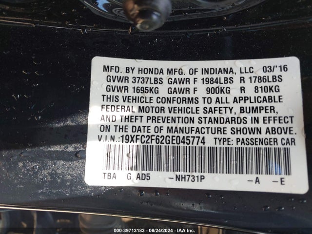 Honda Civic Lx 2016 19XFC2F62GE045774 Image 9
