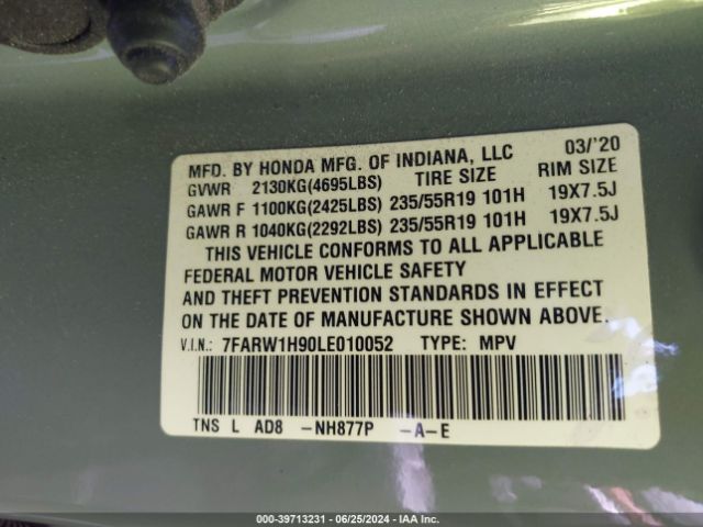 7FARW1H90LE010052 Honda Cr-v 2wd Touring