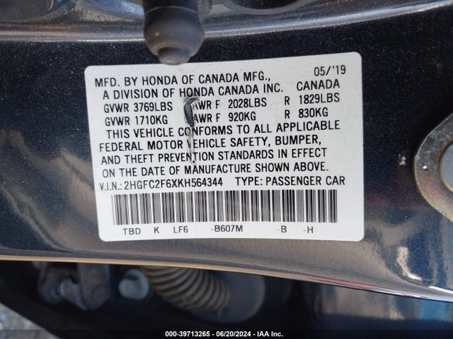 Honda Civic Lx 2019 2HGFC2F6XKH564344 Image 9
