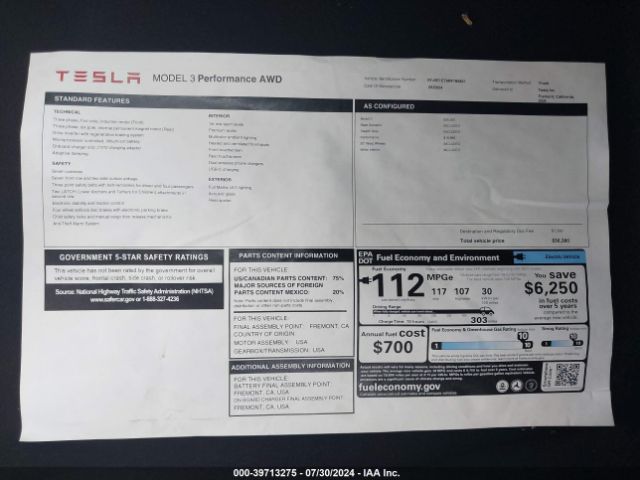 5YJ3E1ET9RF785821 Tesla MODEL 3